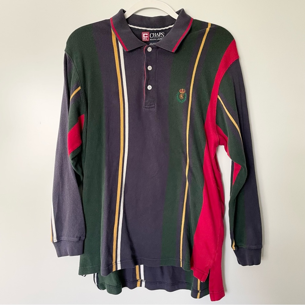 Vintage Striped Chaps Ralph Lauren Polo Shirt Embroidered Crown Logo Large